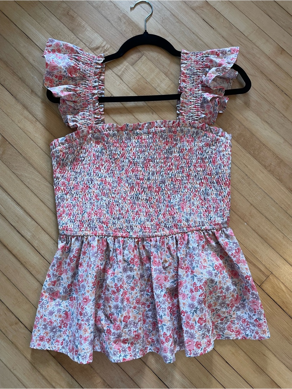 BALTIC BORN Cotton Smocked Ida Floral Peplum Top Ruffle Sleeve Romantic Pink